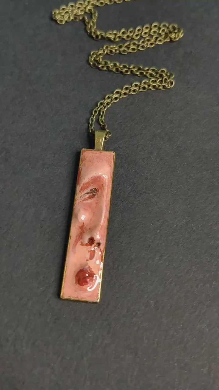 Profile Face Necklace – Handmade Clay & Resin Surreal Statement Jewelry, Sculptural Wearable Art with Alloy Pendant / Chain OOAK
