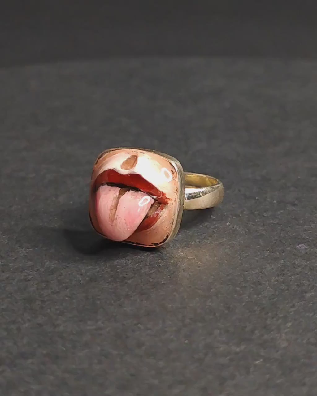 Tongue Out Ring – Handmade Clay & Resin Surreal Statement Jewelry, Sculptural Fantasy Wearable Art with Sterling Silver S925 Band