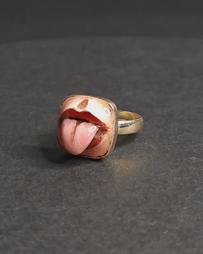 Tongue Out Ring – Handmade Clay & Resin Surreal Statement Jewelry, Sculptural Fantasy Wearable Art with Sterling Silver S925 Band