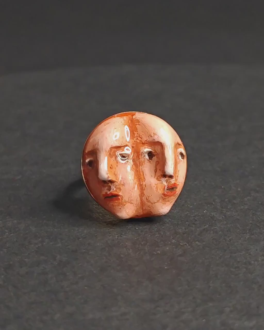 Double Faces Side by Side Ring – Handmade Clay & Resin Surreal Statement Jewelry, Sculptural Fantasy Wearable Art with Sterling Silver S925 Band OOAK