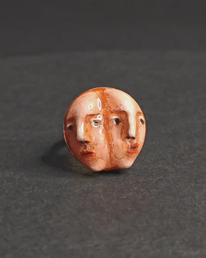 Double Faces Side by Side Ring – Handmade Clay & Resin Surreal Statement Jewelry, Sculptural Fantasy Wearable Art with Sterling Silver S925 Band OOAK