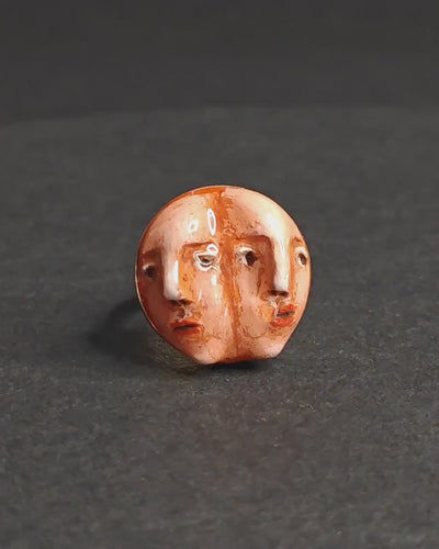 Double Faces Side by Side Ring – Handmade Clay & Resin Surreal Statement Jewelry, Sculptural Fantasy Wearable Art with Sterling Silver S925 Band OOAK