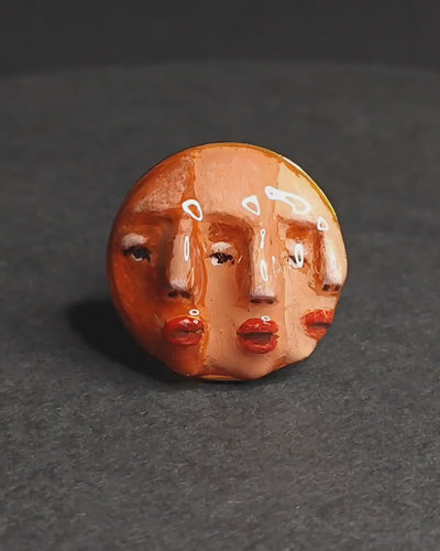 Three Faces Half Ring – Handmade Clay & Resin Surreal Statement Jewelry, Sculptural Fantasy Wearable Art with Adjustable Stainless Steel Band