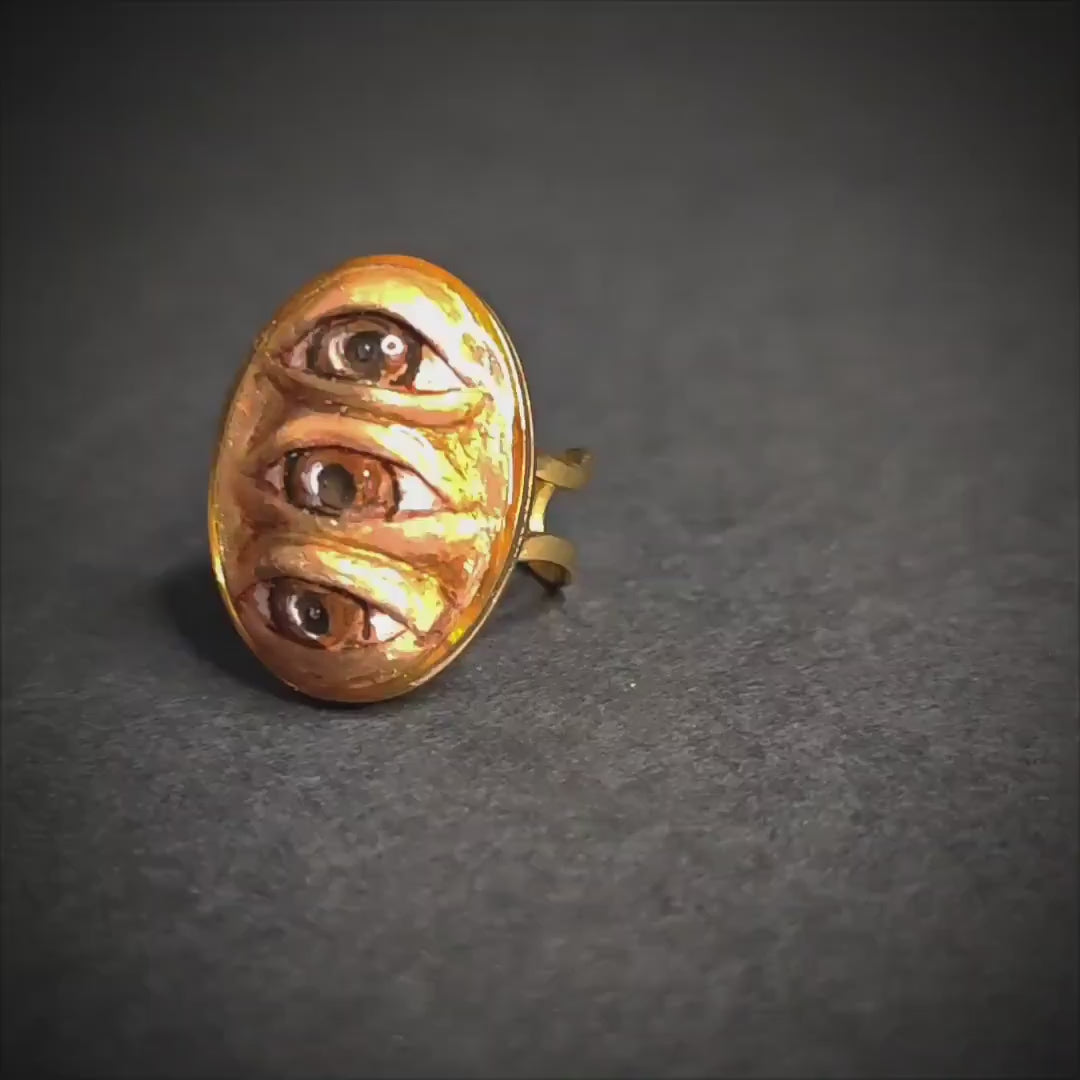 Oval Three Eyes Ring – Handmade Clay & Resin Surreal Statement Jewelry, Sculptural Fantasy Wearable Art on Adjustable Stainless Steel Band
