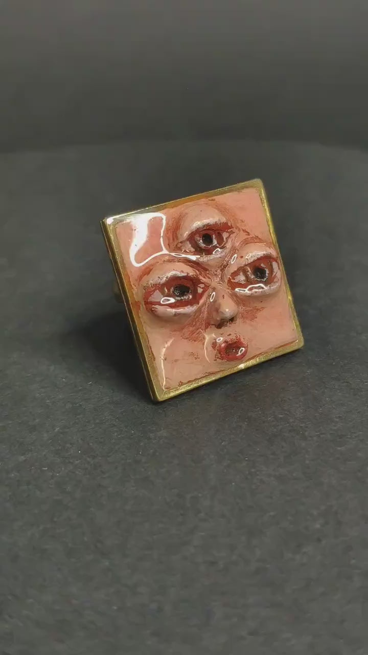 Third Eye Ring – Handmade Clay & Resin Surreal Face Jewelry, Mystical Sculptural Statement Art on Adjustable Stainless Steel Band