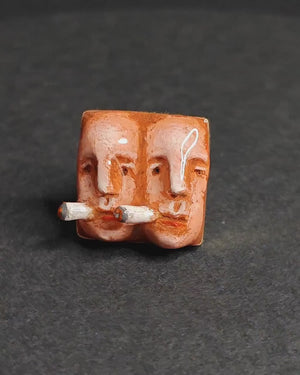 Two Persons Smoking Ring – Handmade Clay & Resin Surreal Statement Jewelry, Sculptural Fantasy Wearable Art with Adjustable Sterling Silver S925 Band