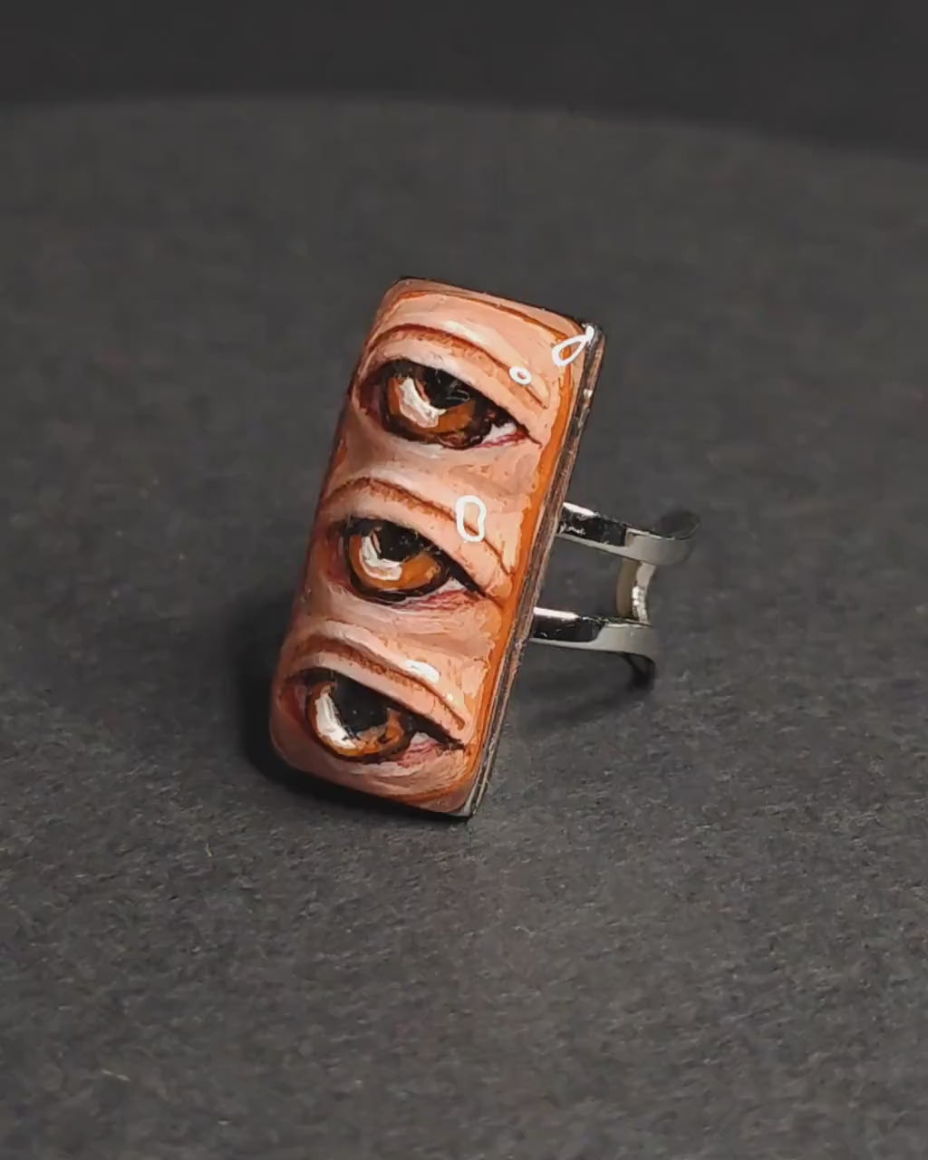 Three Eyes Ring – Handmade Clay & Resin Surreal Statement Jewelry, Sculptural Fantasy Wearable Art with Adjustable Stainless Steel Band