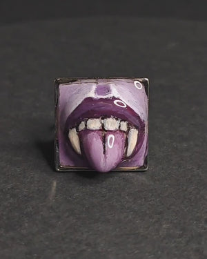 Vampire Tongue Out Purple Ring – Handmade Clay & Resin Dark Surreal Statement Jewelry, Sculptural Fantasy Wearable Art with Adjustable Stainless Steel Band