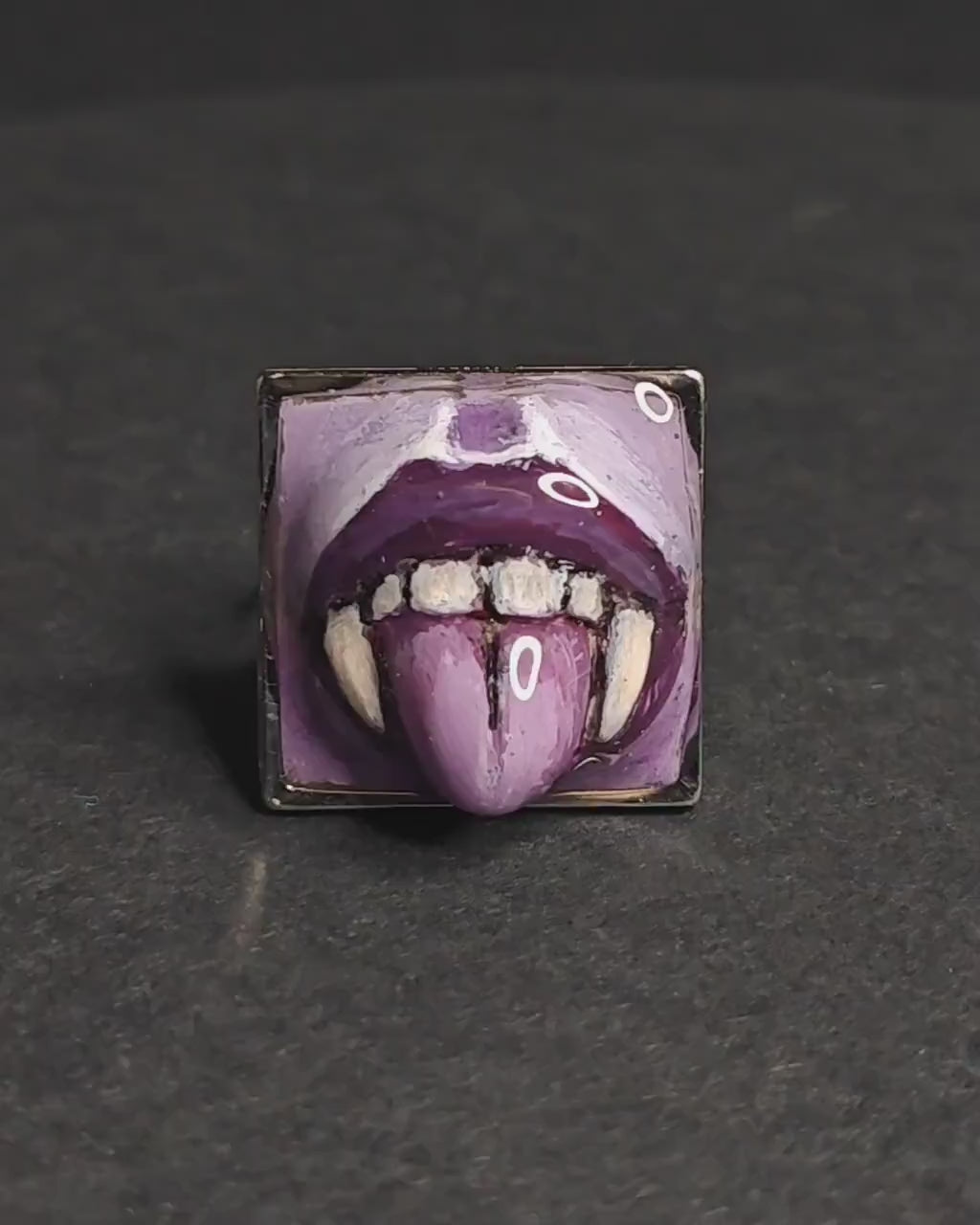 Vampire Tongue Out Purple Ring – Handmade Clay & Resin Dark Surreal Statement Jewelry, Sculptural Fantasy Wearable Art with Adjustable Stainless Steel Band