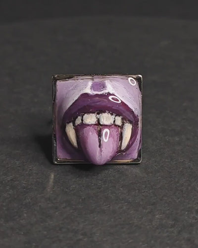 Vampire Tongue Out Purple Ring – Handmade Clay & Resin Dark Surreal Statement Jewelry, Sculptural Fantasy Wearable Art with Adjustable Stainless Steel Band