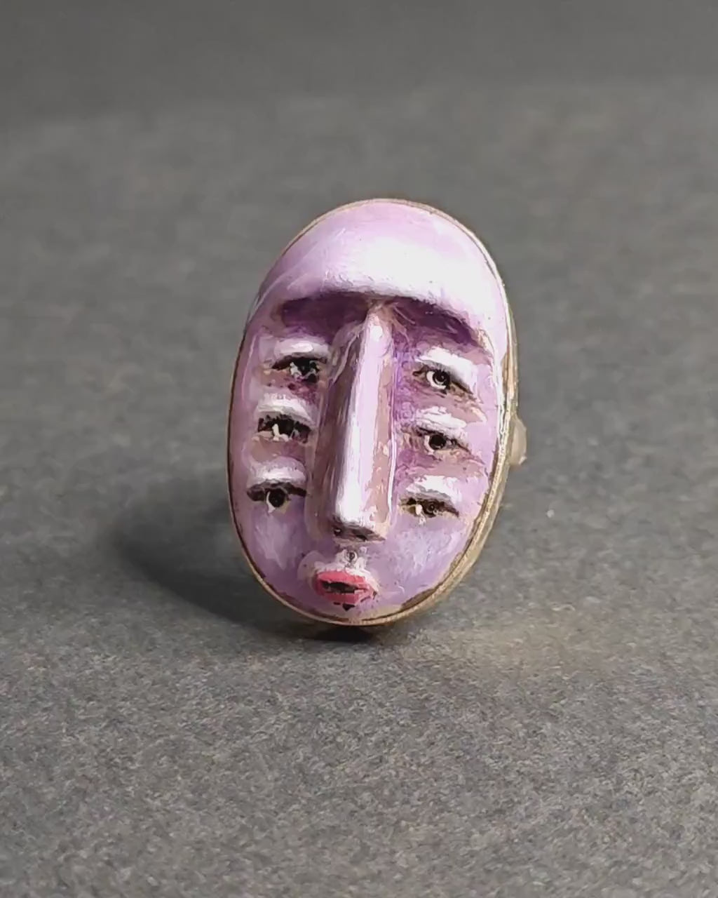 Purple Face with Three Pairs of Eyes Ring – Handmade Clay & Resin Surreal Statement Jewelry, Sculptural Fantasy Wearable Art with Sterling Silver S925 Band