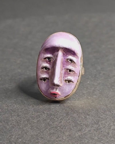 Purple Face with Three Pairs of Eyes Ring – Handmade Clay & Resin Surreal Statement Jewelry, Sculptural Fantasy Wearable Art with Sterling Silver S925 Band