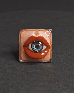 Eye Inside Lips Ring – Handmade Clay & Resin Surreal Statement Jewelry, Sculptural Fantasy Wearable Art with Adjustable Stainless Steel Band