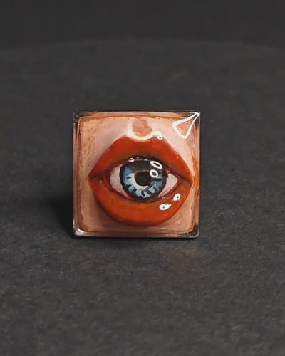 Eye Inside Lips Ring – Handmade Clay & Resin Surreal Statement Jewelry, Sculptural Fantasy Wearable Art with Adjustable Stainless Steel Band