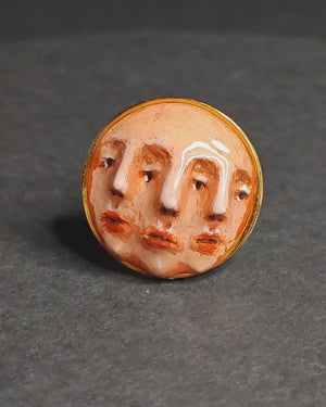 Three Faces Ring – Handmade Clay & Resin Surreal Statement Jewelry, Sculptural Fantasy Wearable Art with Adjustable Stainless Steel Band