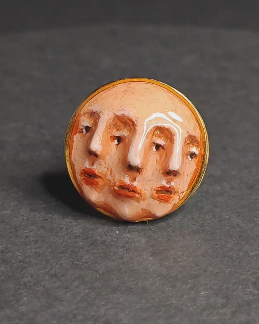 Three Faces Ring – Handmade Clay & Resin Surreal Statement Jewelry, Sculptural Fantasy Wearable Art with Adjustable Stainless Steel Band