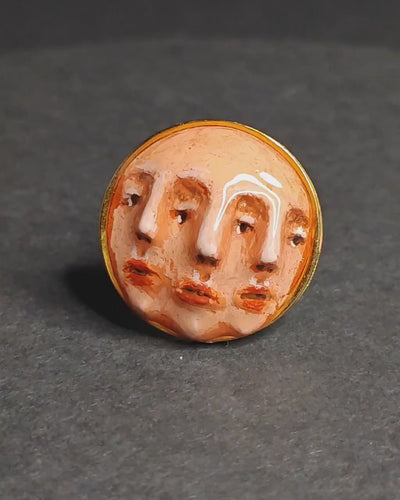 Three Faces Ring – Handmade Clay & Resin Surreal Statement Jewelry, Sculptural Fantasy Wearable Art with Adjustable Stainless Steel Band