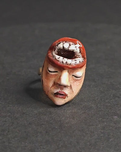 Head with Mouth Opening Ring – Handmade Clay & Resin Surreal Statement Jewelry, Sculptural Dark Fantasy Wearable Art with Sterling Silver S925 Band