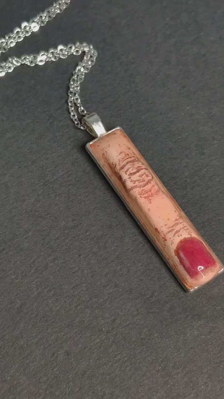 Red Nail Finger Necklace – Handmade Clay & Resin Surreal Statement Jewelry, Sculptural Wearable Art with Alloy Pendant / Chain OOAK