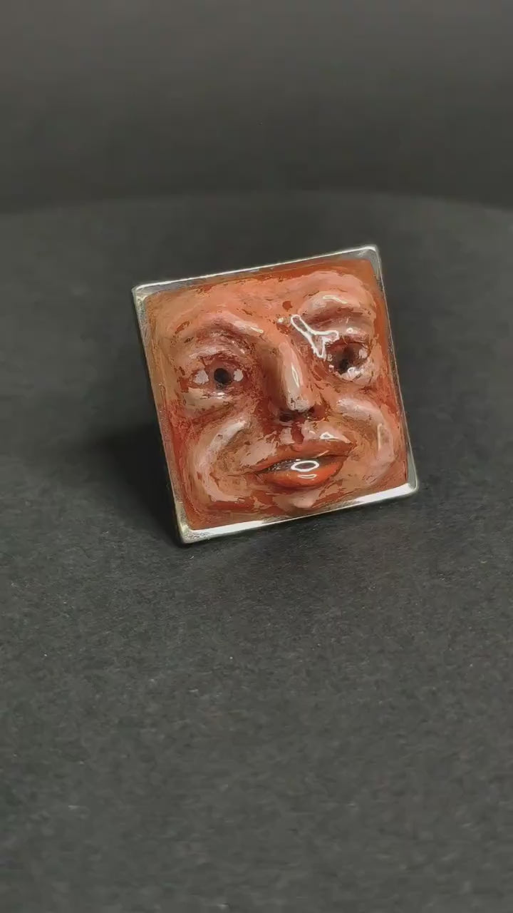 Gazing Man Ring – Handmade Clay & Resin Surreal Statement Jewelry, Sculptural Artistic Wearable Art on Adjustable Stainless Steel Band OOAK