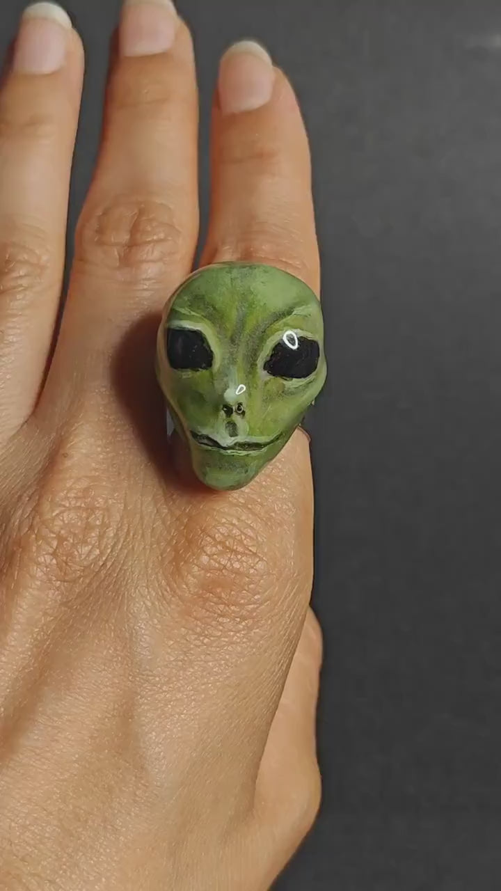 Cosmic Glow Ring – Handmade Clay & Resin Alien-Inspired Jewelry, Surreal Fantasy Wearable Art on Adjustable Stainless Steel Band