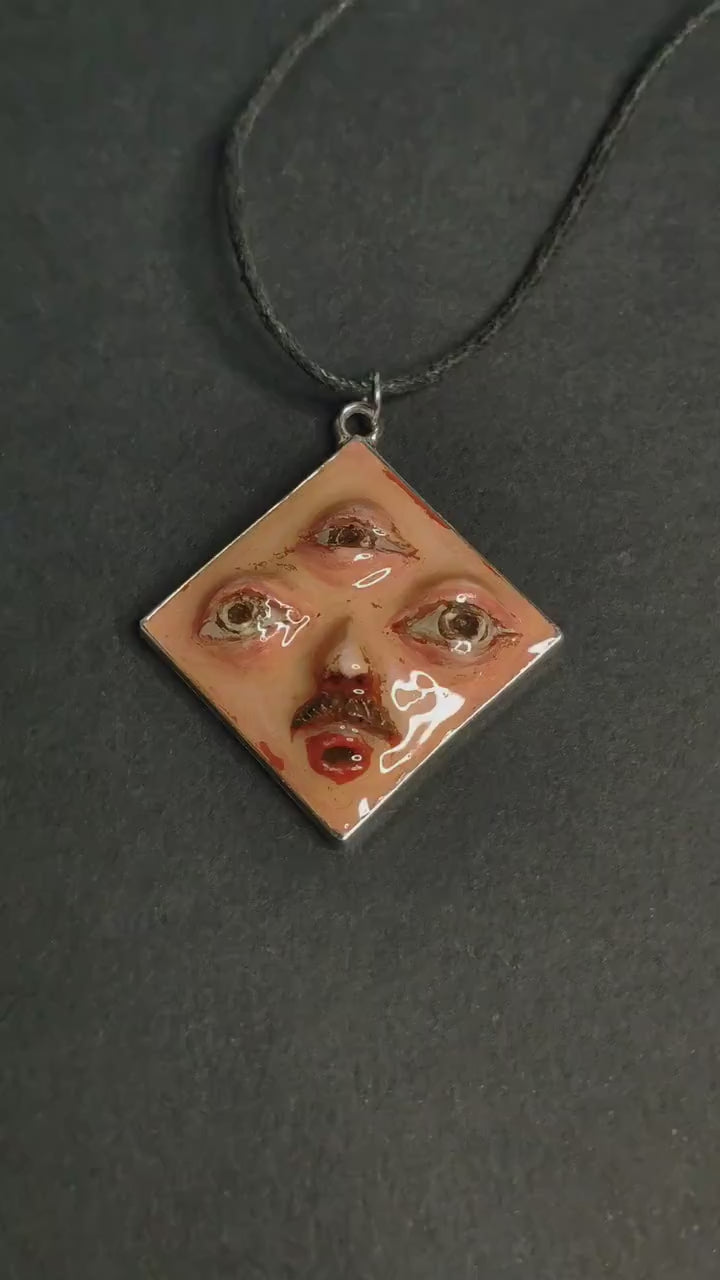 Third Eye Man Necklace – Handmade Clay & Resin Surreal Statement Jewelry, Sculptural Mystical Wearable Art OOAK