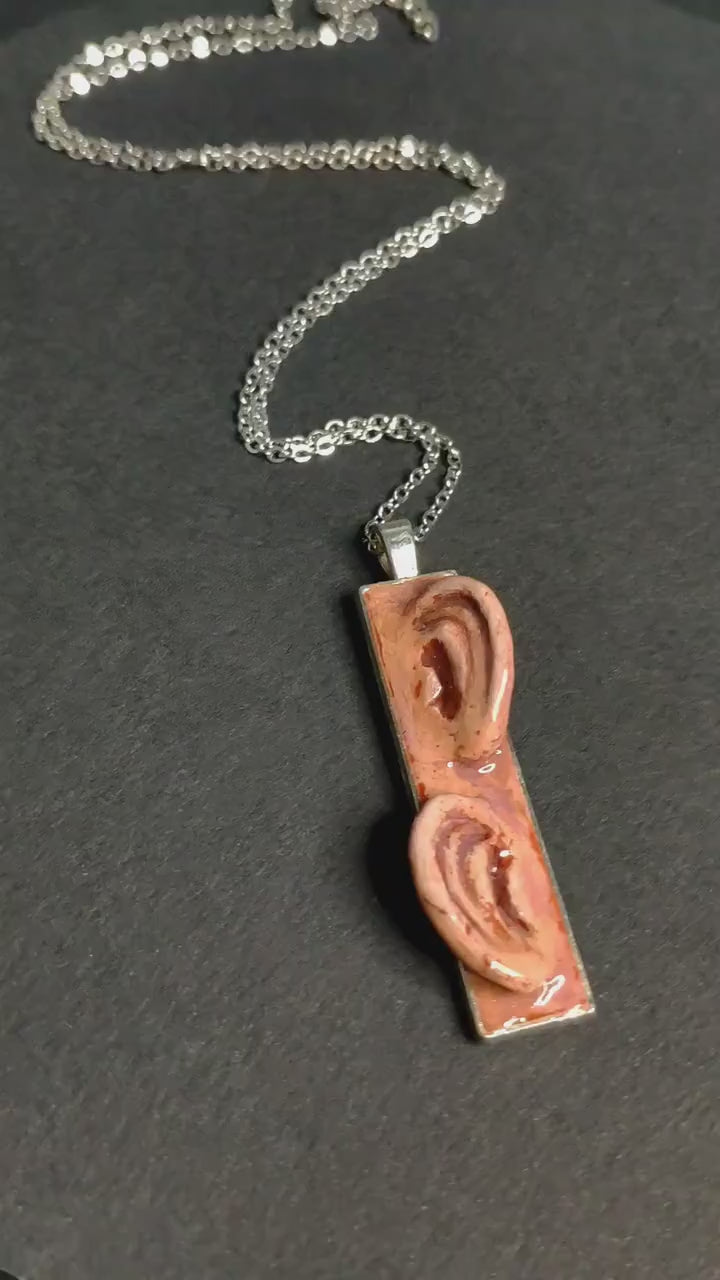 Two Ears Necklace – Handmade Clay & Resin Surreal Statement Jewelry, Sculptural Artistic Wearable Art with Alloy Pendant / Chain OOAK