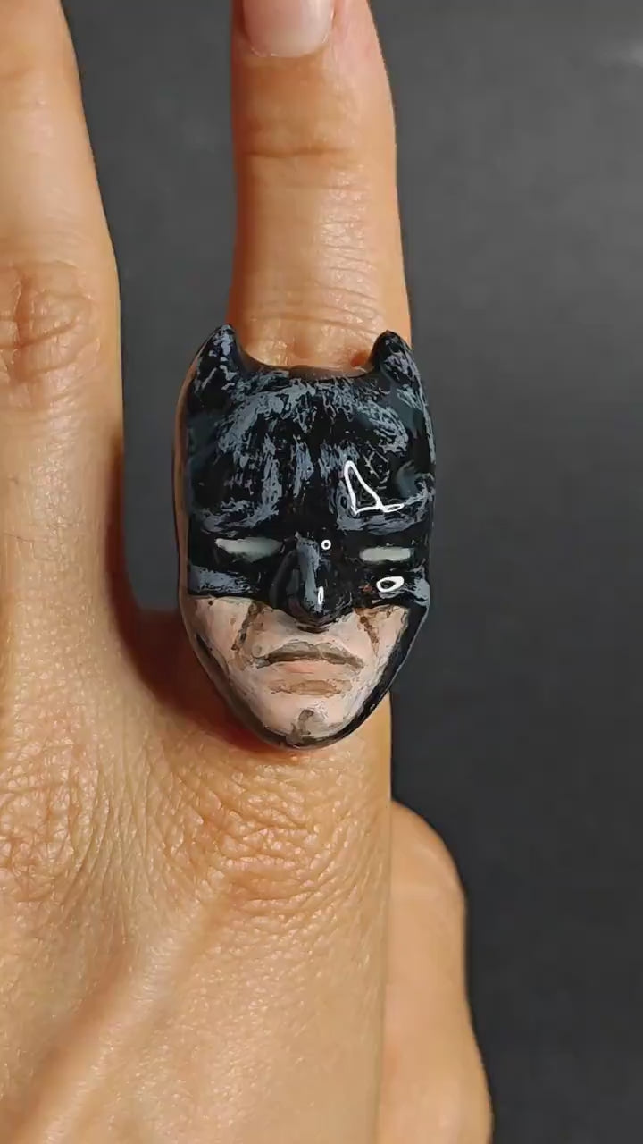Glowing Eyes Ring – Handmade Clay & Resin Dark Fantasy Statement Jewelry, Mysterious Wearable Art on Adjustable Stainless Steel Band OOAK