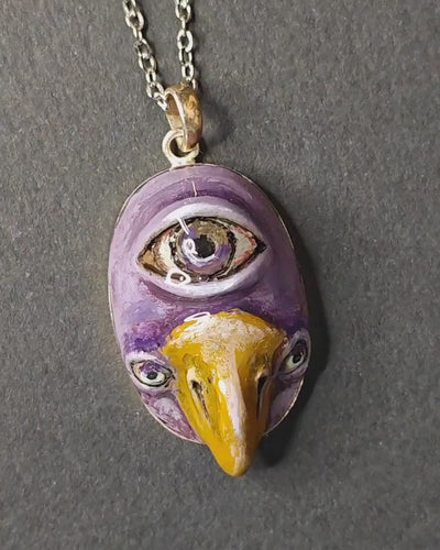 Bird with Third Eye Necklace – Handmade Clay & Resin Surreal Statement Jewelry, Sculptural Fantasy Wearable Art with Sterling Silver Chain / Pendant OOAK