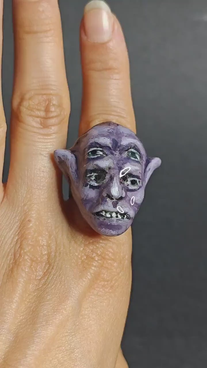 Four Eyes Glow Ring – Handmade Clay & Resin Surreal Statement Jewelry, Dark Fantasy Wearable Art on Adjustable Stainless Steel Band OOAK