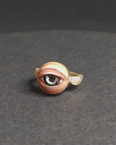 Eye with Wings Ring – Handmade Clay & Resin Surreal Statement Jewelry, Sculptural Fantasy Wearable Art with Sterling Silver S925 Band