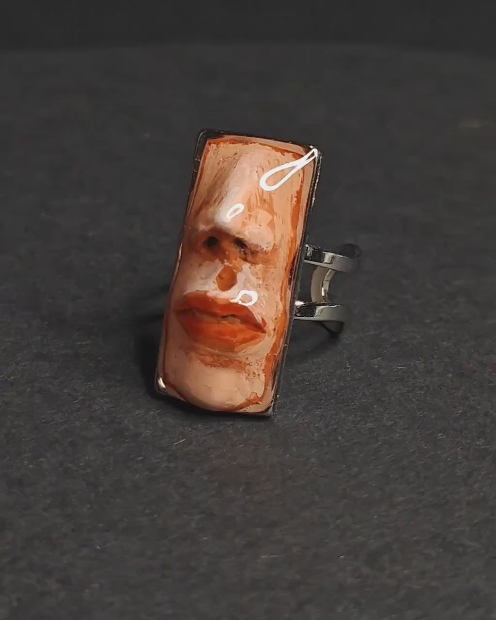 Poker Face Ring – Handmade Clay & Resin Surreal Statement Jewelry, Sculptural Wearable Art with Adjustable Stainless Steel Band