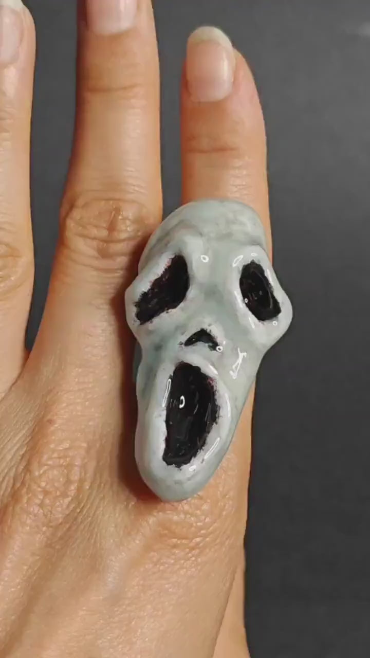 Scream Mask Glow Ring – Handmade Clay & Resin Horror Statement Jewelry, Dark Surreal Wearable Art on Adjustable Stainless Steel Band OOAK