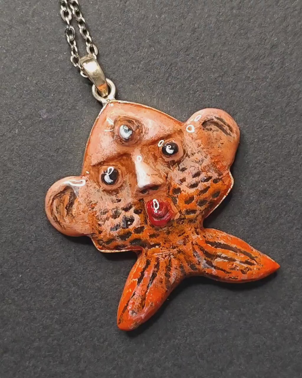 Fish-Human Face Necklace – Handmade Clay & Resin Surreal Statement Jewelry, Sculptural Fantasy Wearable Art with Sterling Silver S925 Chain / Pendant OOAK