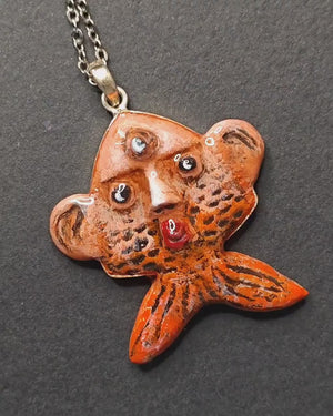 Fish-Human Face Necklace – Handmade Clay & Resin Surreal Statement Jewelry, Sculptural Fantasy Wearable Art with Sterling Silver S925 Chain / Pendant OOAK