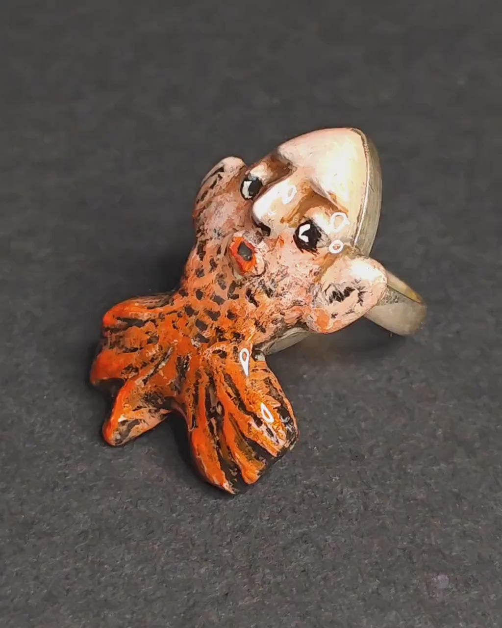 Fish with Human Face Ring – Handmade Clay & Resin Surreal Statement Jewelry, Sculptural Fantasy Wearable Art with Adjustable Sterling Silver Band
