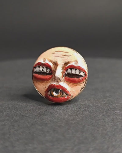 Face with Eye in Mouth & Mouths for Eyes Ring – Handmade Clay & Resin Surreal Statement Jewelry, Sculptural Fantasy Wearable Art with Sterling Silver S925 Band OOAK
