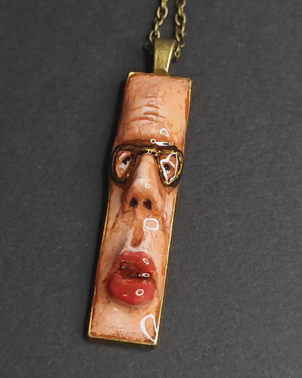 Man with Glasses Necklace – Handmade Clay & Resin Surreal Statement Jewelry, Sculptural Wearable Art with Alloy Pendant / Chain OOAK