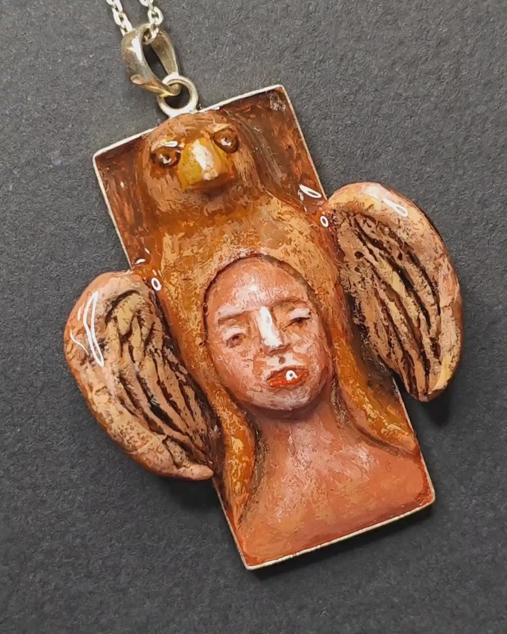Indigenous Eagle Chimera Necklace – Handmade Clay & Resin Surreal Statement Jewelry, Sculptural Fantasy Wearable Art with Sterling Silver S925 Chain / Pendant OOAK