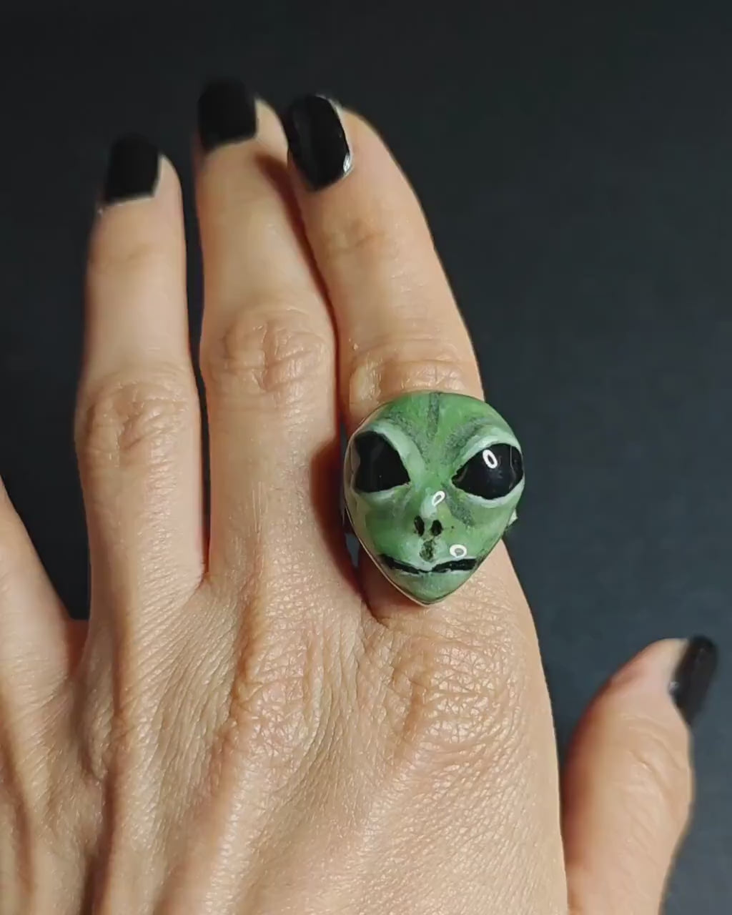 Glowing Alien UFO Ring – Handmade Clay & Resin Surreal Statement Jewelry, Sculptural Fantasy Wearable Art on Sterling Silver S925 Band