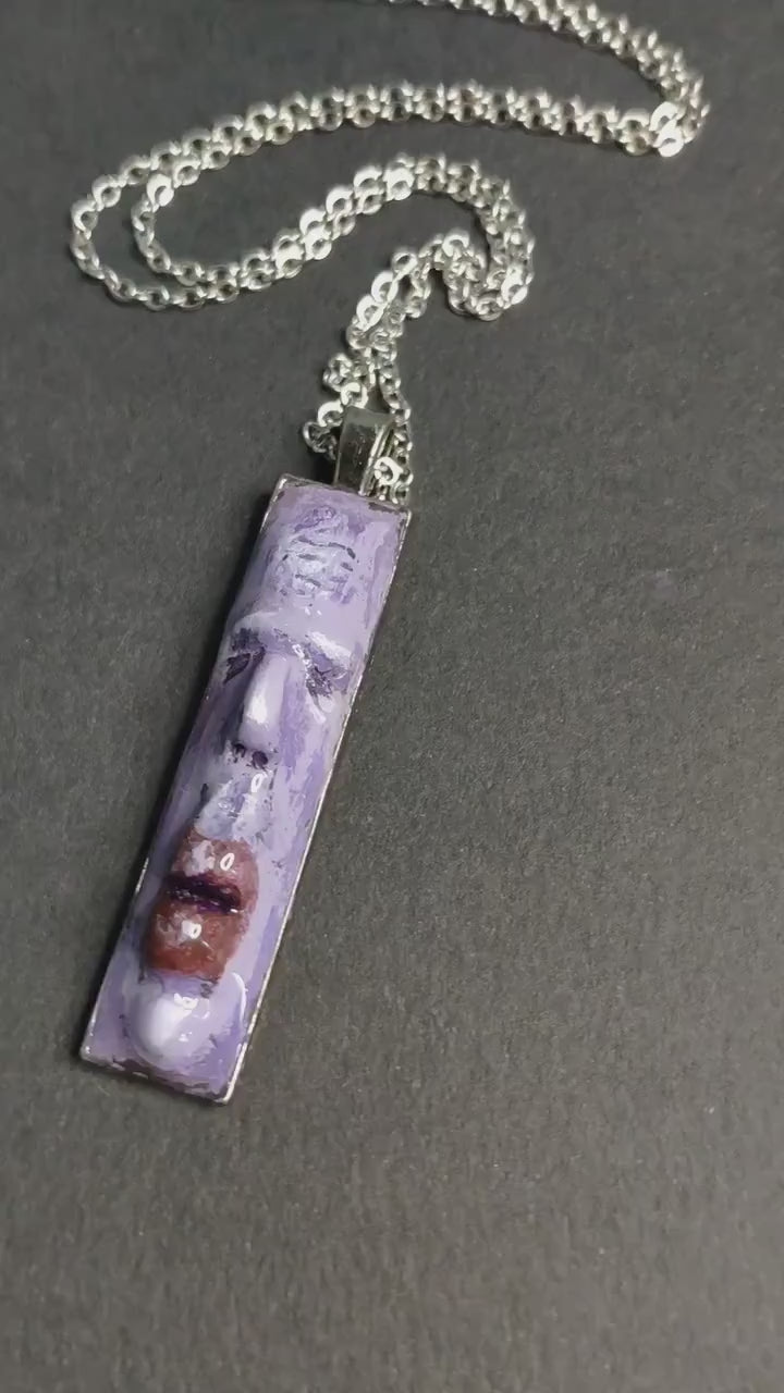 Purple Face Necklace – Handmade Clay & Resin Surreal Statement Jewelry, Sculptural Artistic Wearable Art with Alloy Pendant / Chain OOAK