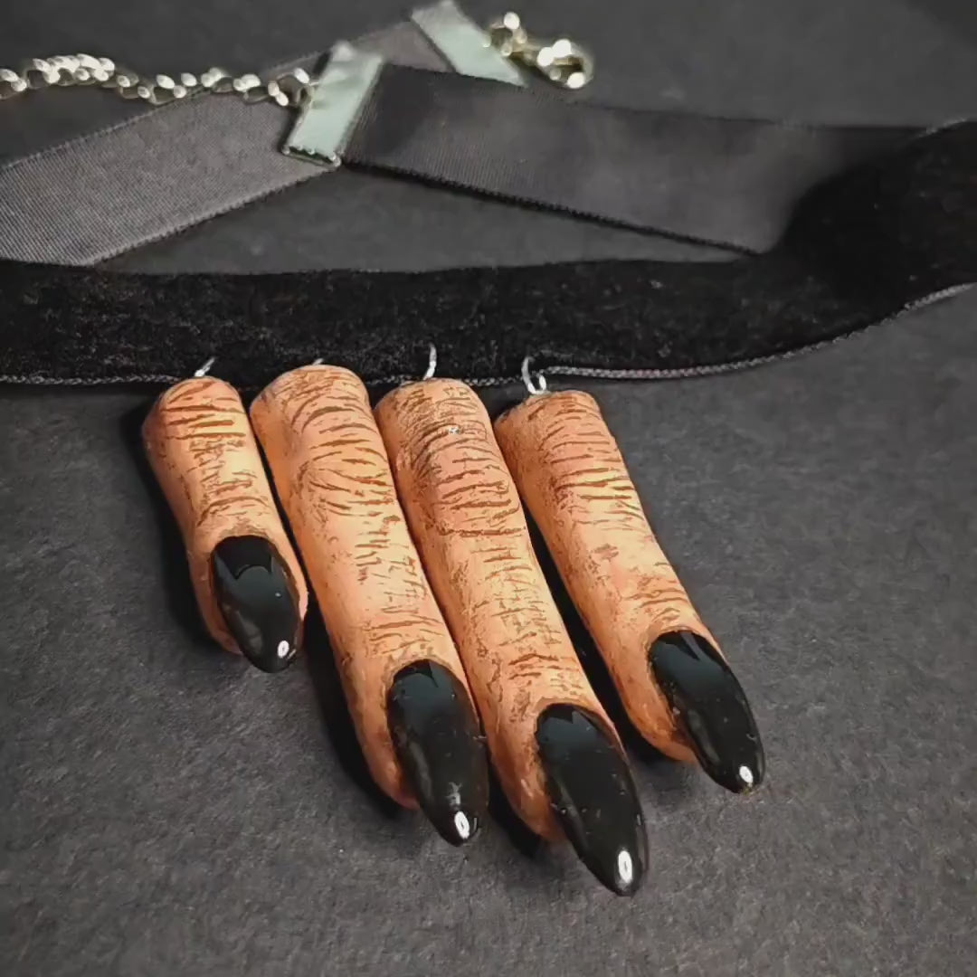 Four Fingers Choker – Handmade Clay & Resin Surreal Statement Necklace with Black Nails, Sculptural Wearable Art OOAK