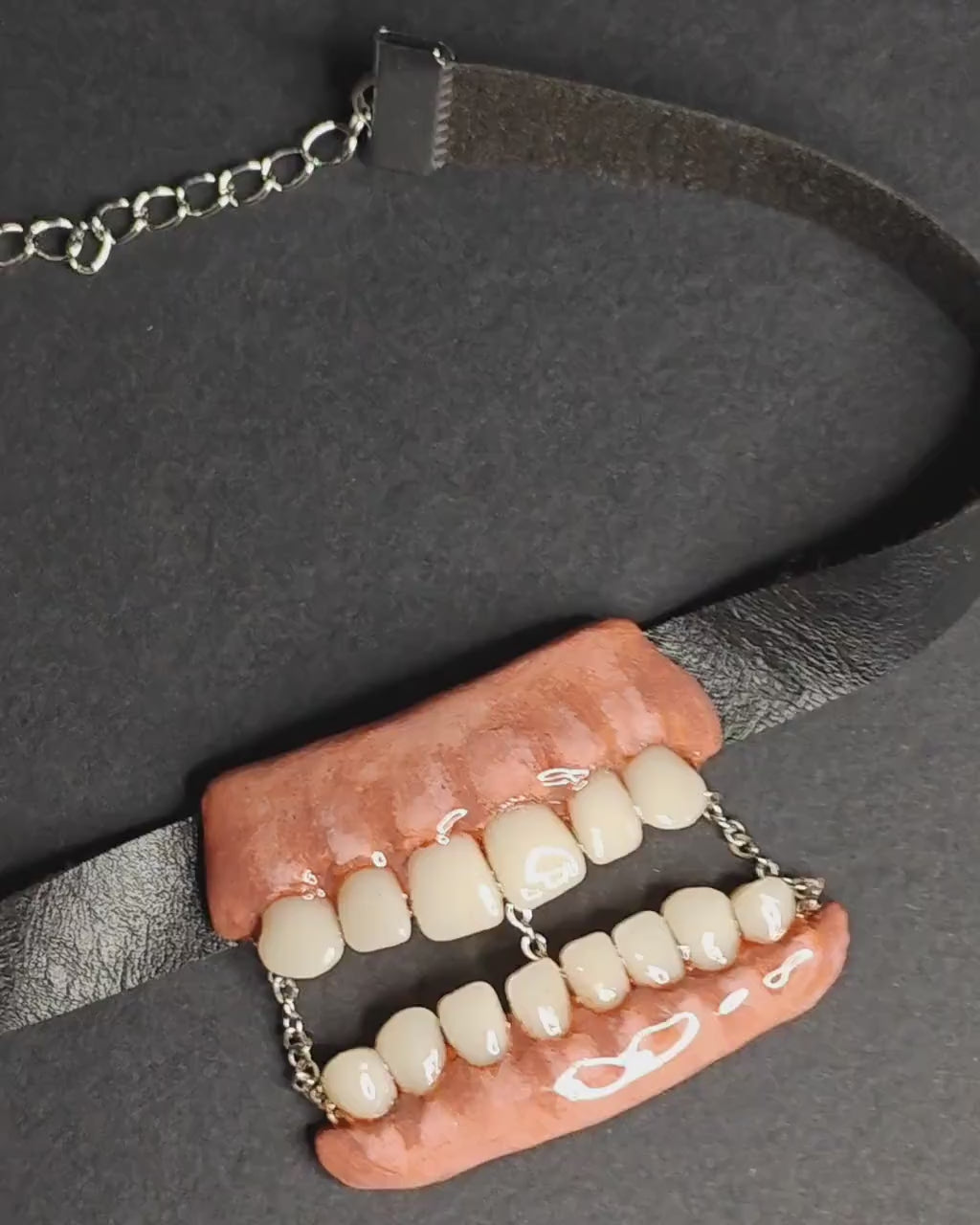 Tooth & Jaw Choker – Handmade Clay & Resin Surreal Statement Jewelry, Sculptural Dark Fantasy Wearable Art with Adjustable Band OOAK