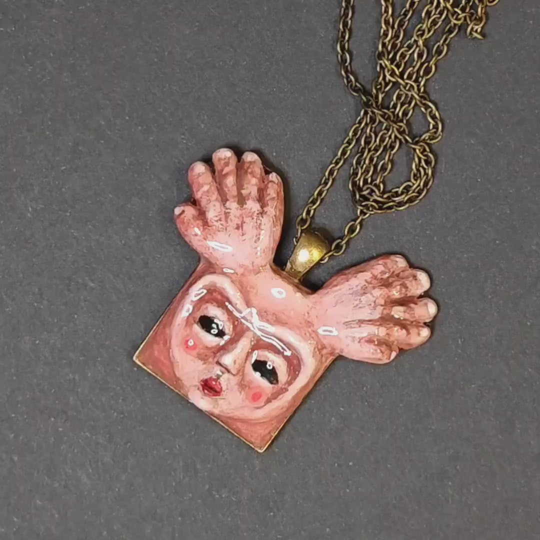 Human Deer Chimera Necklace – Handmade Clay Resin Surreal Statement Jewelry, Sculptural Fantasy Wearable Art with Alloy Pendant / Chain OOAK