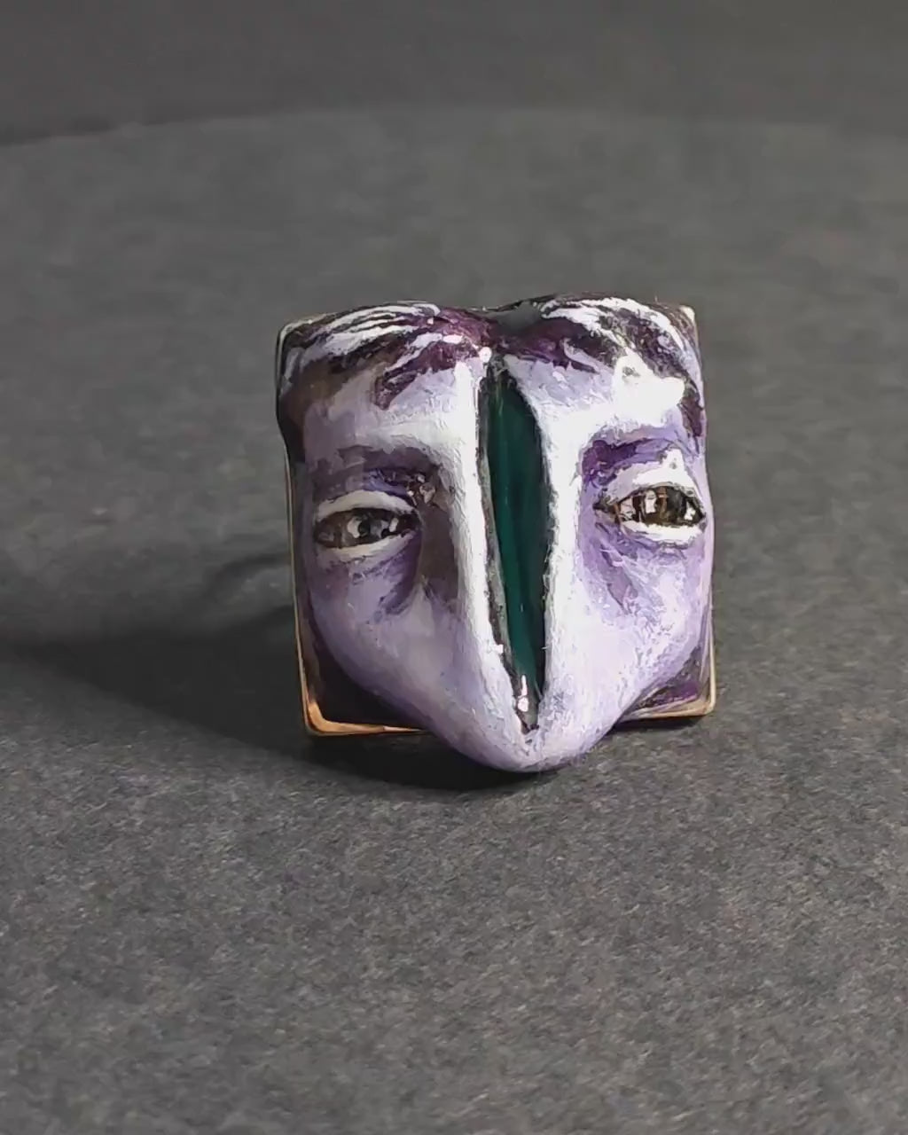 Split Face Glow Ring – Handmade Clay Statement Jewelry with Glowing Gap, Surreal Wearable Art on Adjustable Stainless Steel Band OOAK