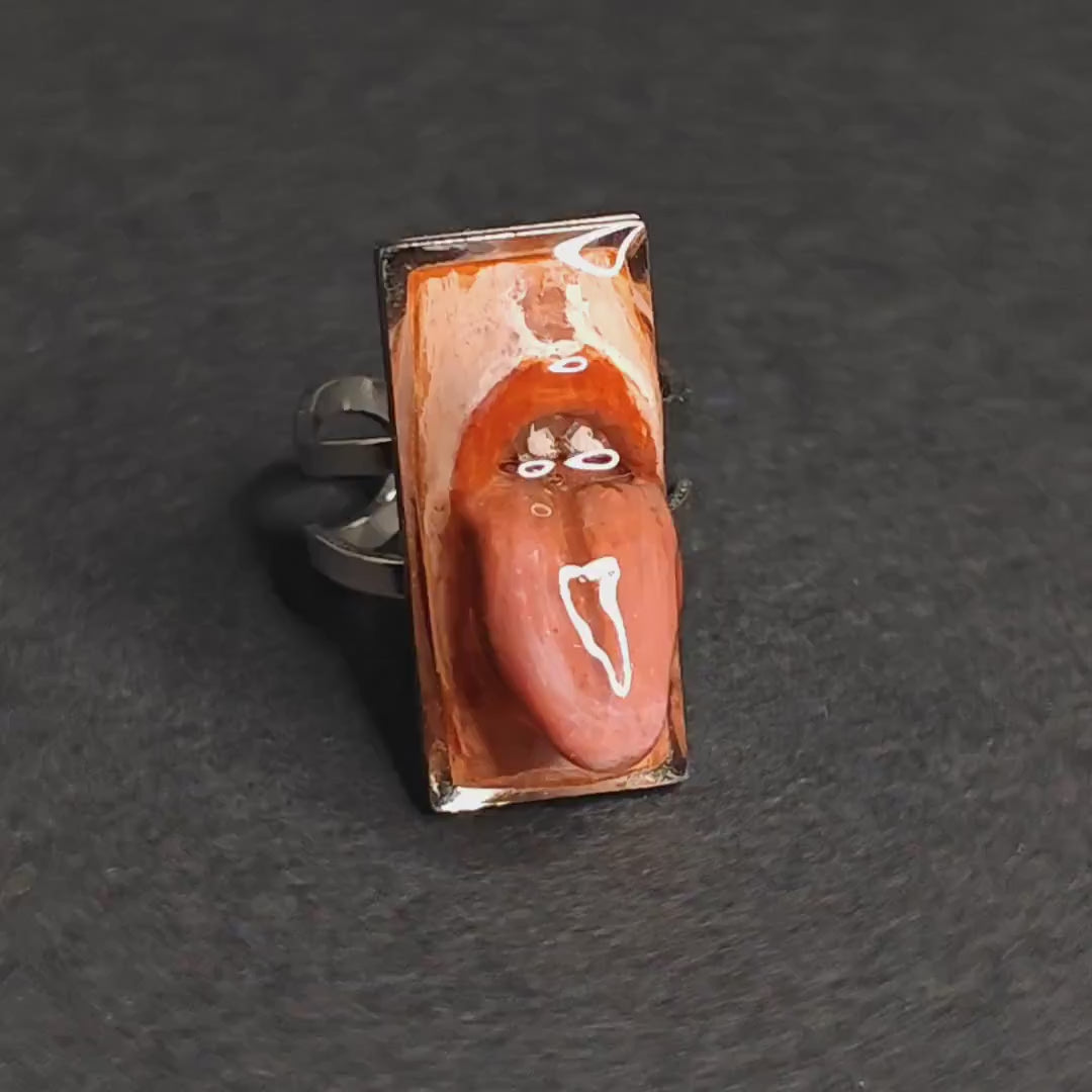 Tongue Out Face Ring – Handmade Clay & Resin Dark Surreal Statement Jewelry, Sculptural Wearable Art on Adjustable Stainless Steel Band