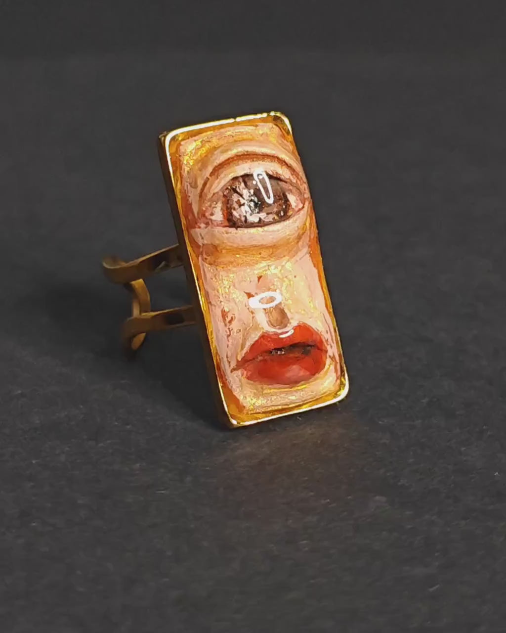 One Eye Face Ring – Handmade Clay & Resin Dark Surreal Statement Jewelry, Sculptural Fantasy Wearable Art on Adjustable Stainless Steel Band