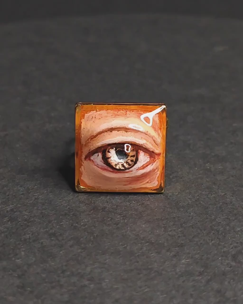 Brown Pupil Eye Ring – Handmade Clay & Resin Surreal Statement Jewelry, Sculptural Fantasy Wearable Art with Adjustable Stainless Steel Band
