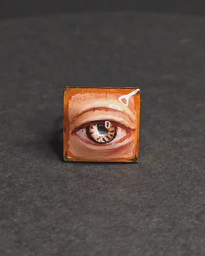 Brown Pupil Eye Ring – Handmade Clay & Resin Surreal Statement Jewelry, Sculptural Fantasy Wearable Art with Adjustable Stainless Steel Band