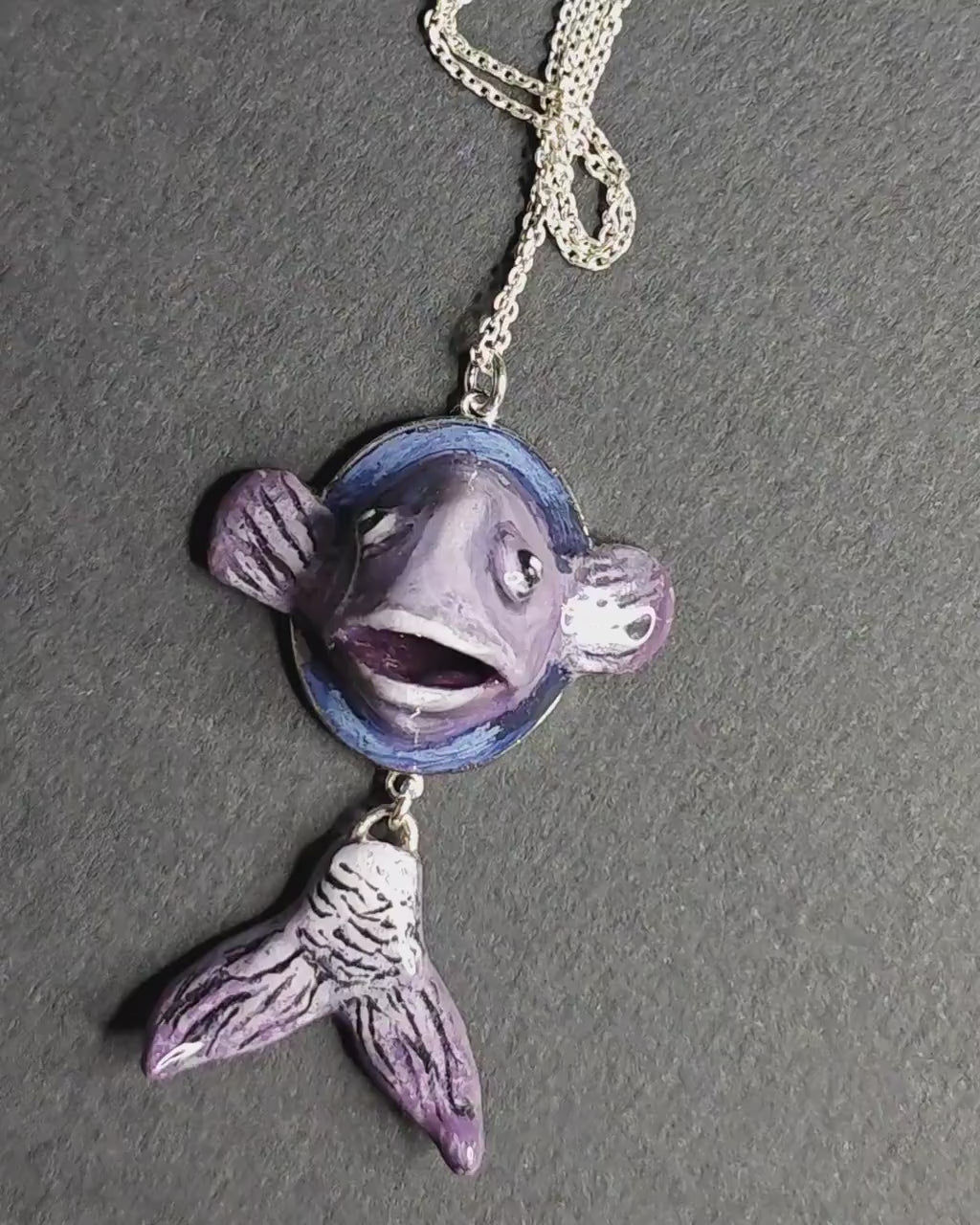 Fish Necklace – Handmade Clay & Resin Surreal Statement Jewelry, Sculptural Wearable Art with Sterling Silver S925 Pendant / Chain OOAK